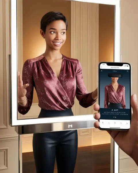 A person in a stylish maroon top and black pants is interacting with a smart mirror that displays clothing options on a smartphone