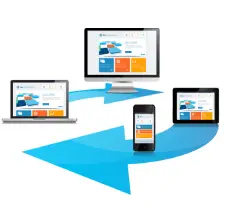 An illustration of responsive web design showing a website viewed across a desktop, laptop, tablet, and smartphone connected by a blue arrow.